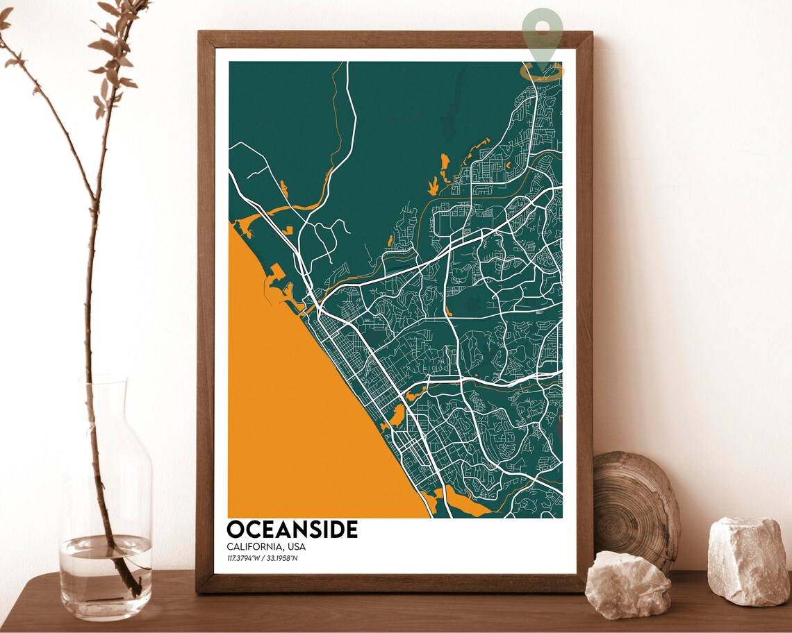 Oceanside California Dark Street Map Cyan Ocean Surf Art Poster - Image 3