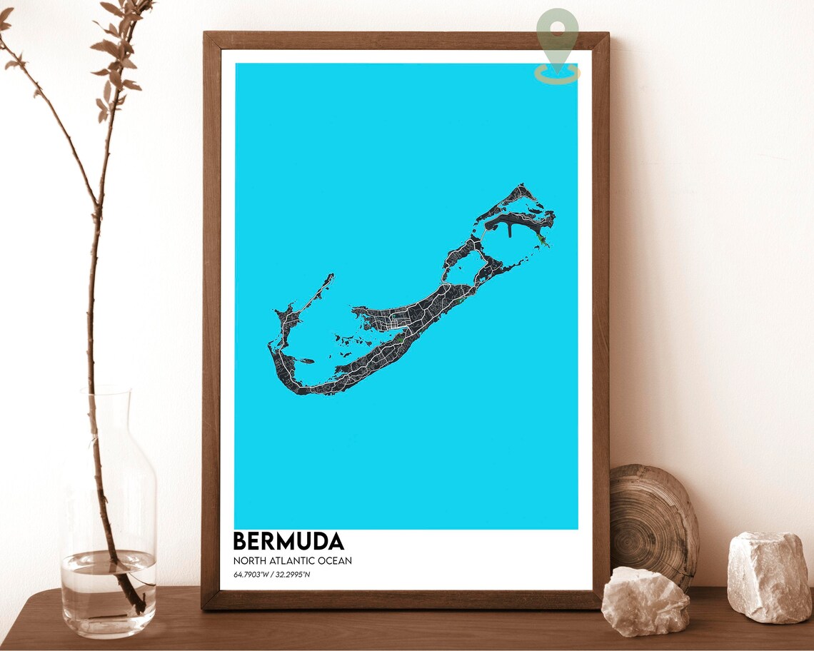 Bermuda North Atlantic Ocean Bold Vintage Blue Island Map Poster - Image 2