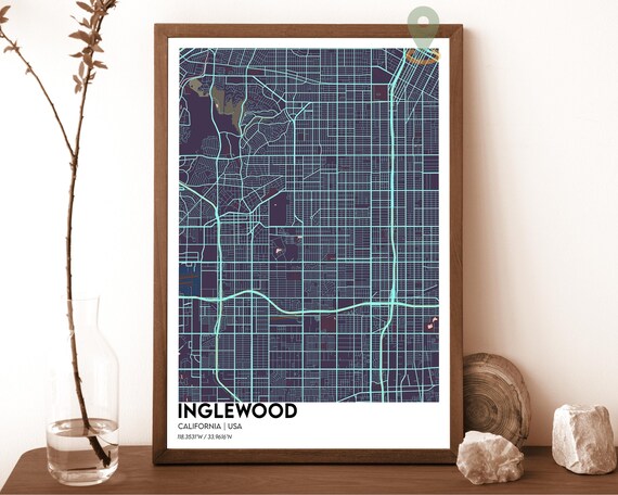 Inglewood California Modern Street Map Navy Teal Grid Poster