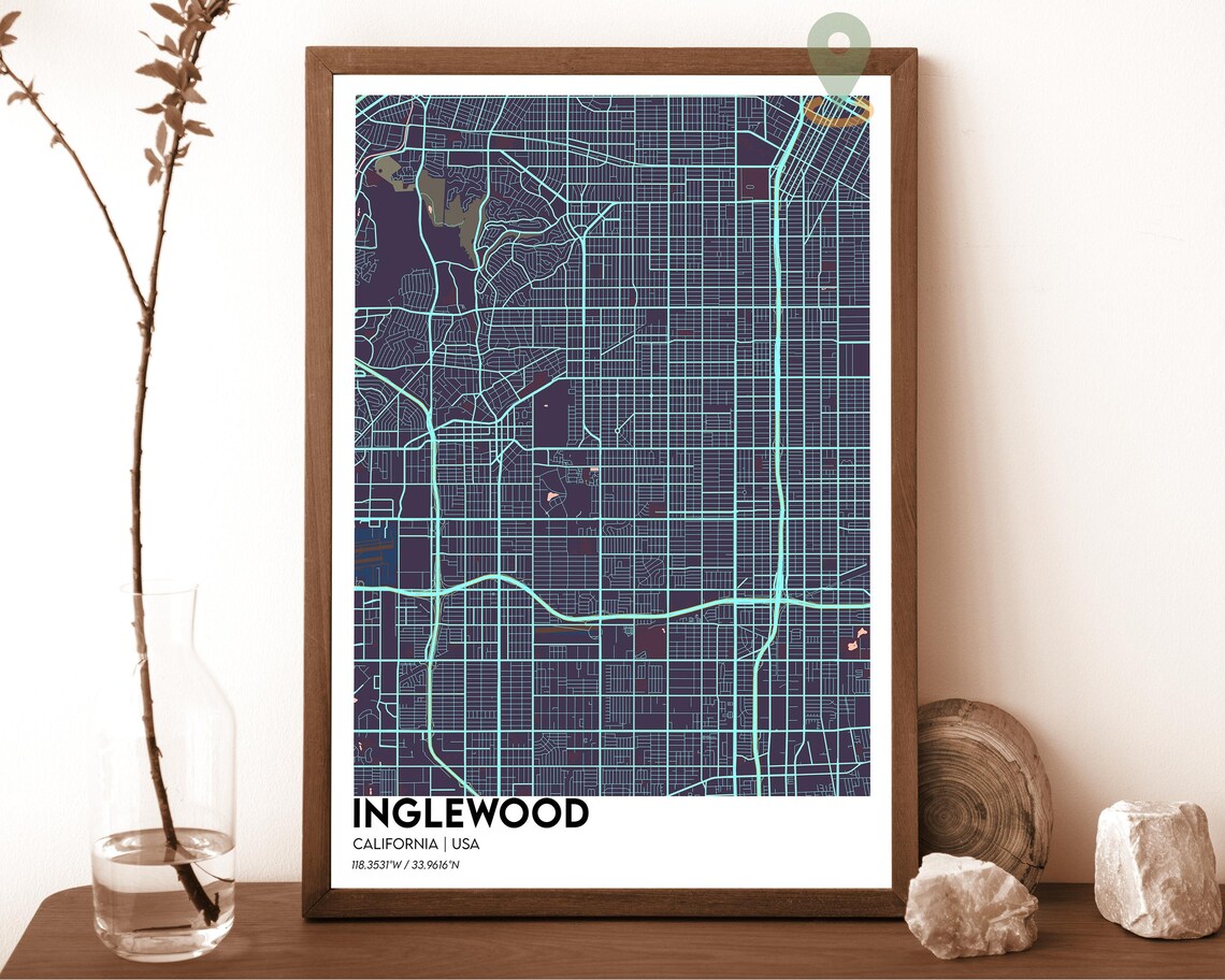 Inglewood California Modern Street Map Navy Teal Grid Poster