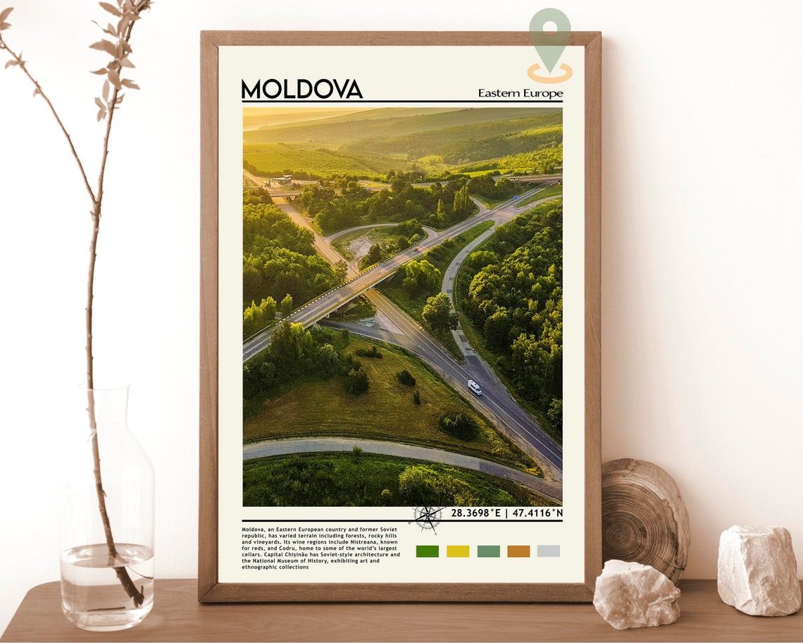 Moldova Eastern Europe Highway Interchange Aerial Green Travel Poster