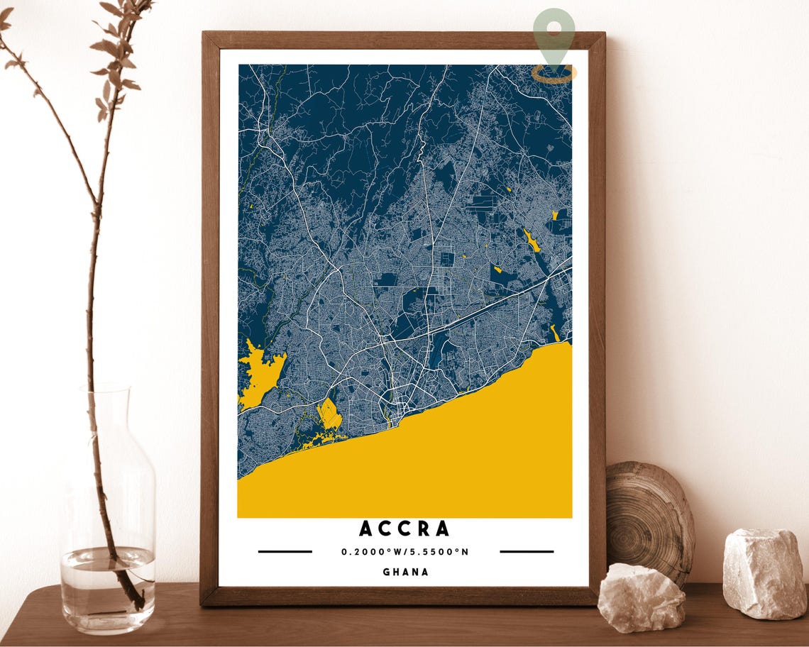 Accra Ghana navy with bold gold water Street Map Coordinates Poster