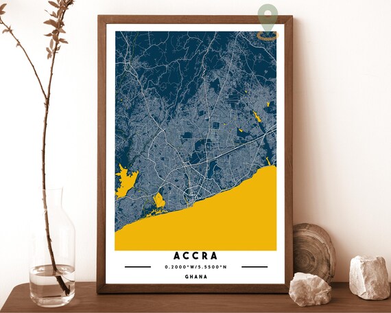 Accra Ghana navy with bold gold water Street Map Coordinates Poster