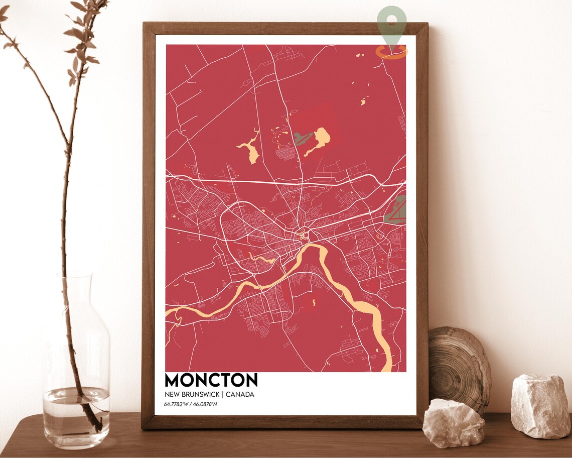 Moncton New Brunswick Canada light grey with a blue river Street Map Coordinates Poster - Image 3