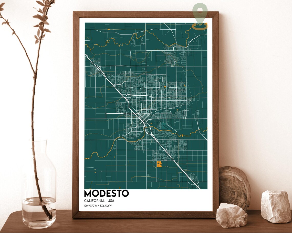 Modesto California midnight blue with teal street lines Street Map Coordinates Poster - Image 4