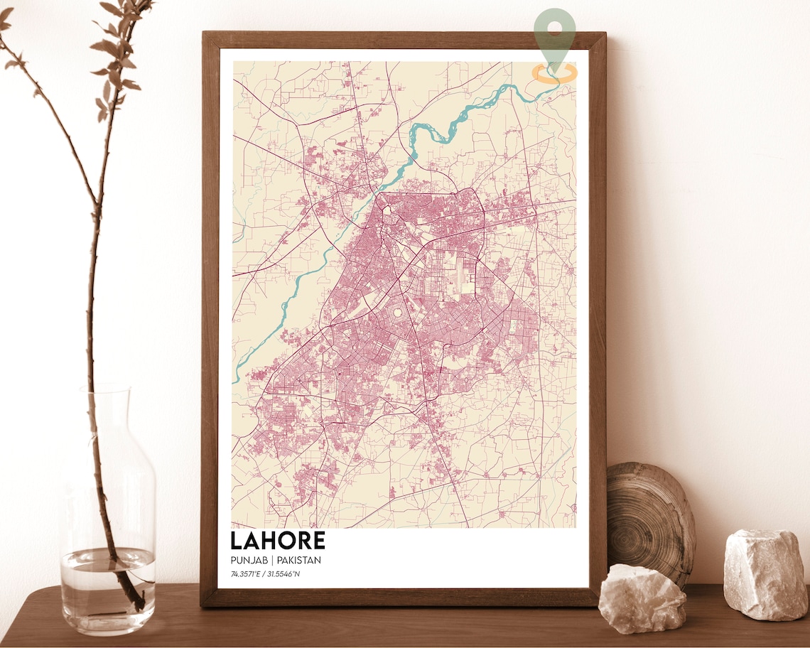 Lahore Pakistan City Street Map Vintage Rose Modern Decor Poster