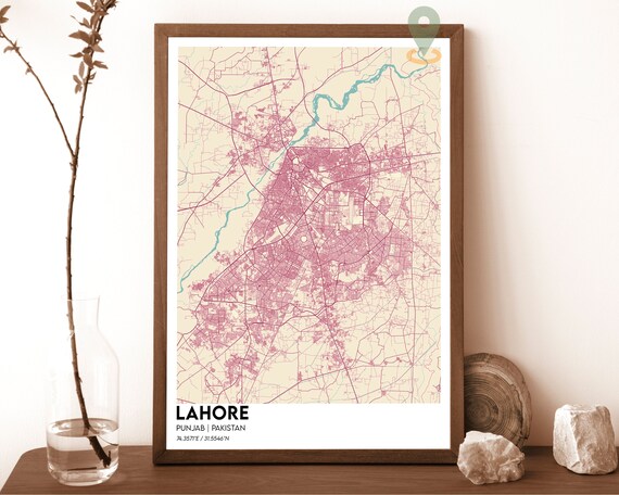 Lahore Pakistan City Street Map Vintage Rose Modern Decor Poster