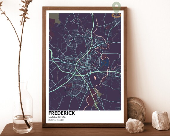 Frederick Maryland Dark Navy Teal City Map Home Decor Poster