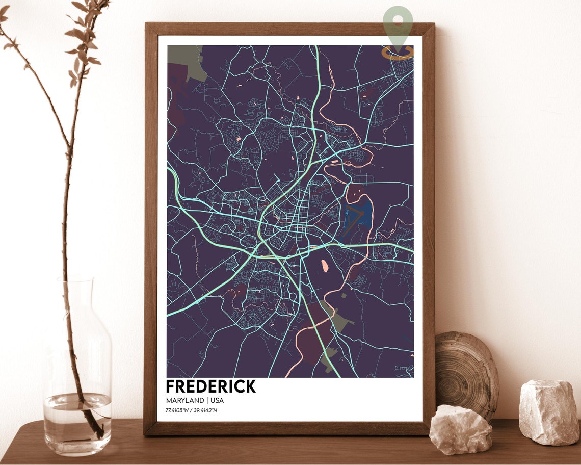 Frederick Maryland Dark Navy Teal City Map Home Decor Poster