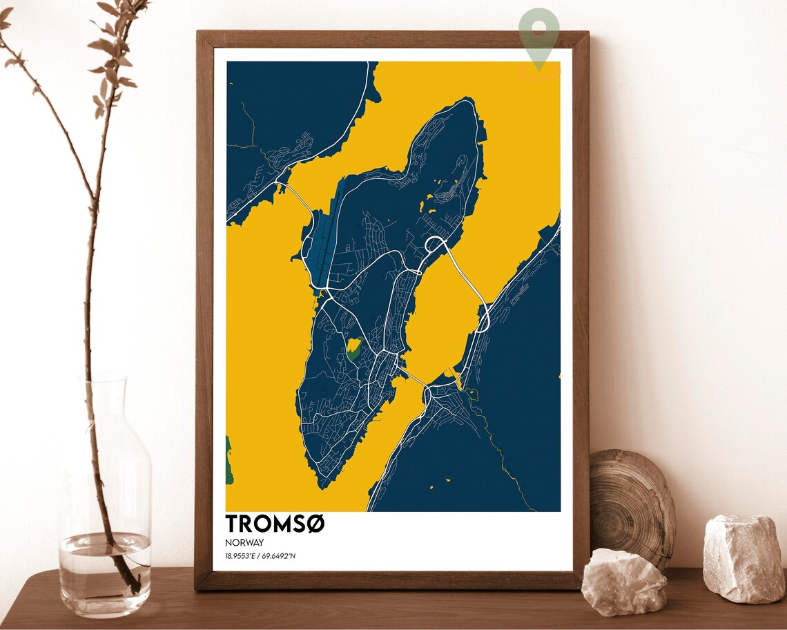 Tromso Norway Navy Gold Island City Street Map Arctic Art Poster