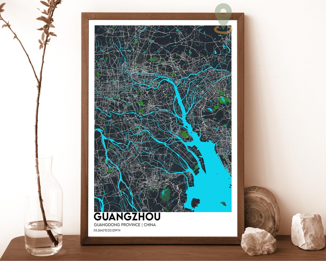 Guangzhou China Dark Cyan River Delta City Map Home Decor Poster