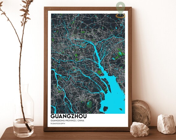 Guangzhou China Dark Cyan River Delta City Map Home Decor Poster