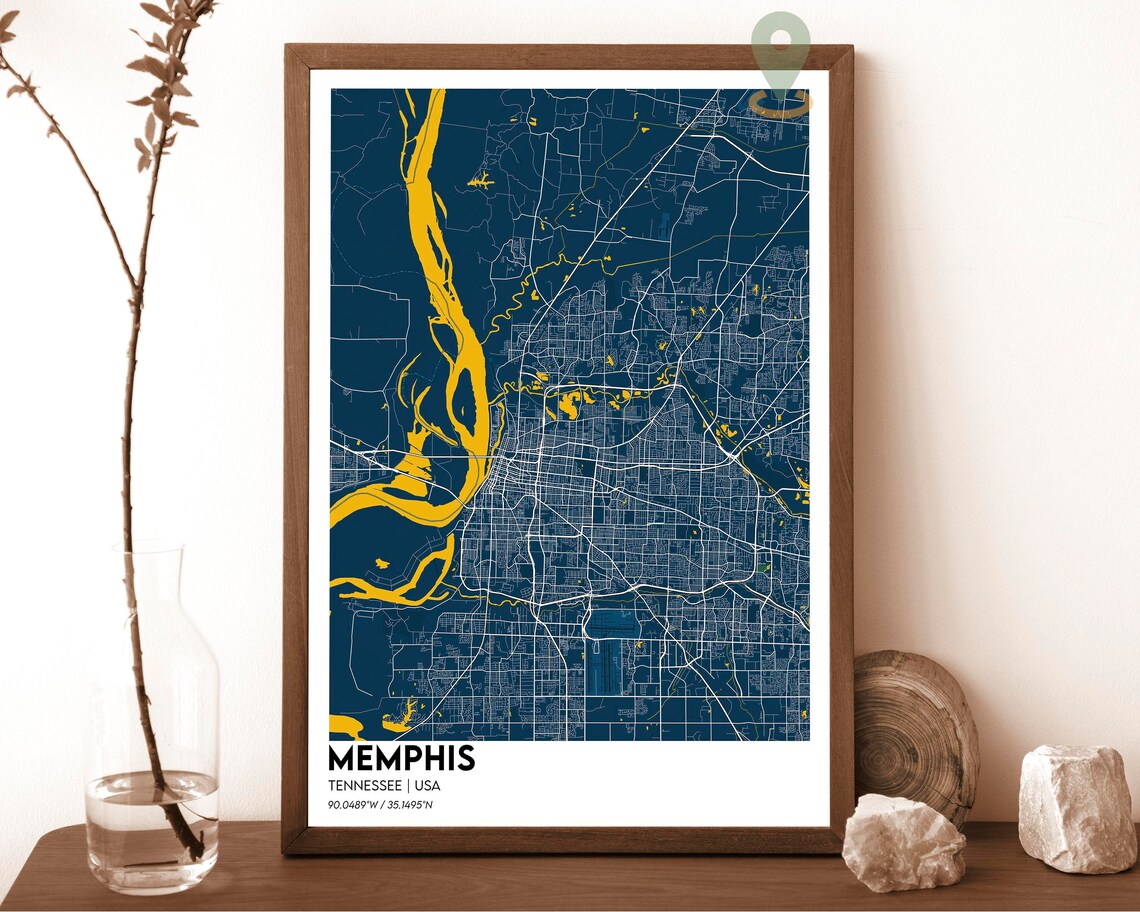 Memphis Tennessee Street Map Navy Blue Gold Modern Art Poster