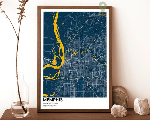 Memphis Tennessee Street Map Navy Blue Gold Modern Art Poster