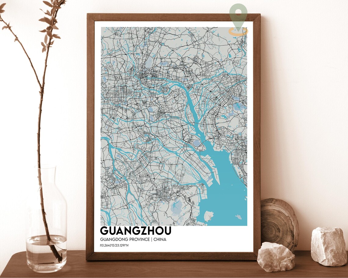 Guangzhou China Dark Cyan River Delta City Map Home Decor Poster - Image 6
