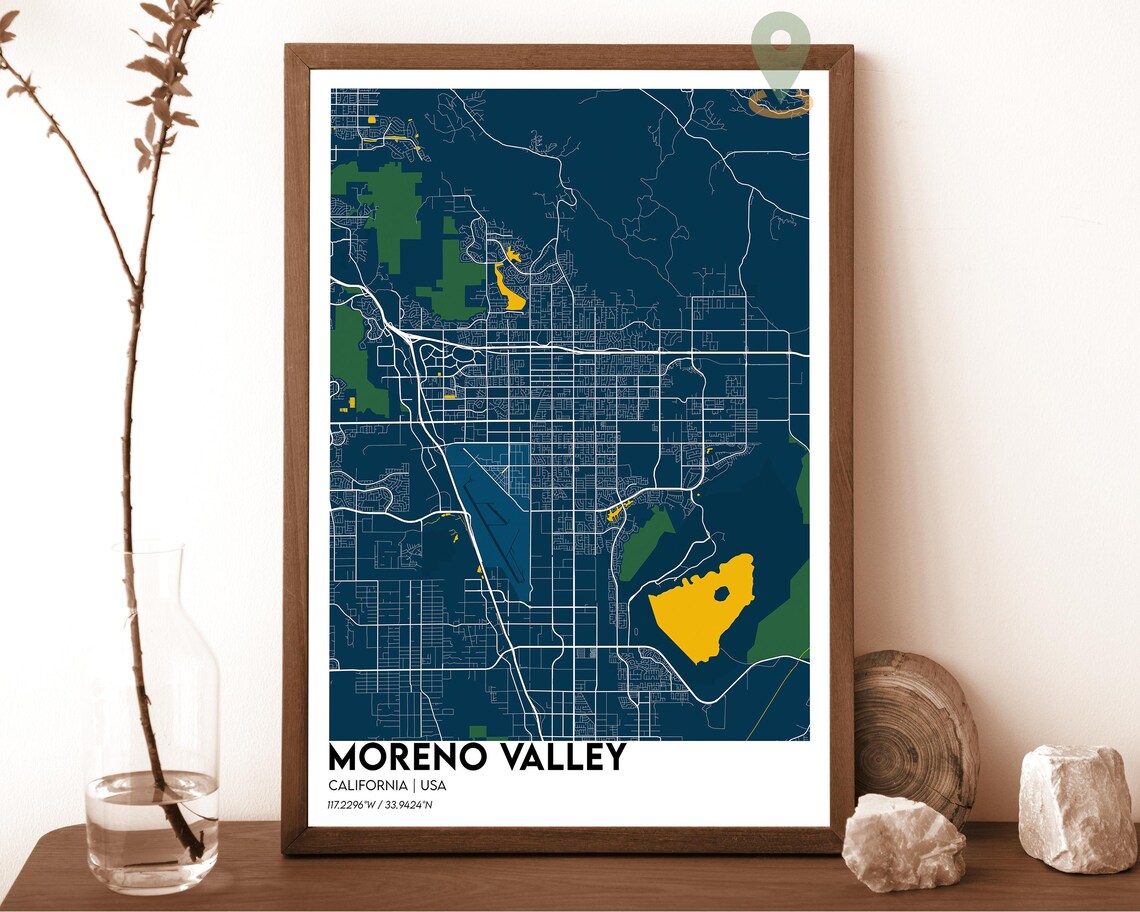 Moreno Valley California cream beige with brown streets Street Map Coordinates Poster - Image 6