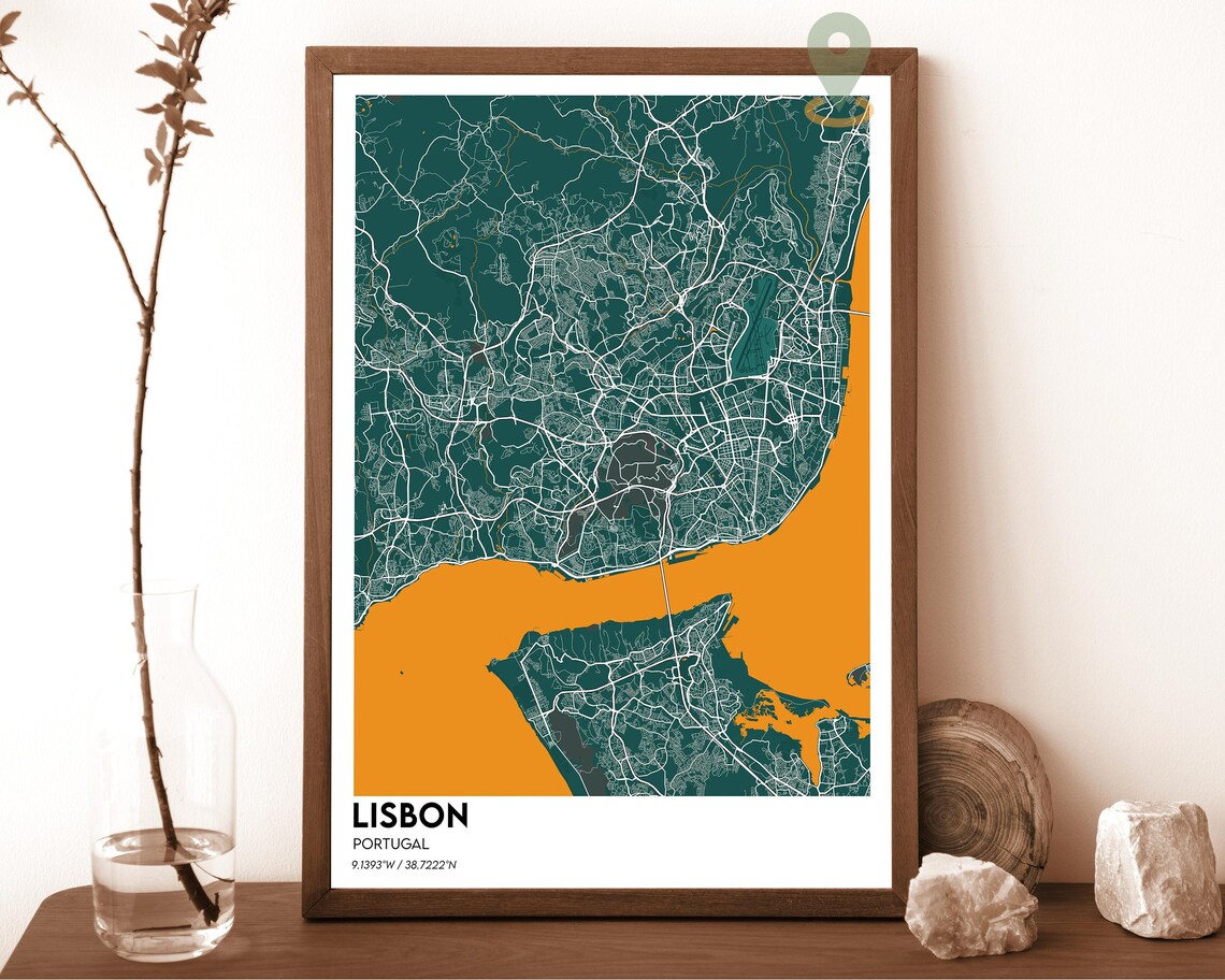 Lisbon Portugal Street Map Beige Turquoise City Cartography Poster - Image 5
