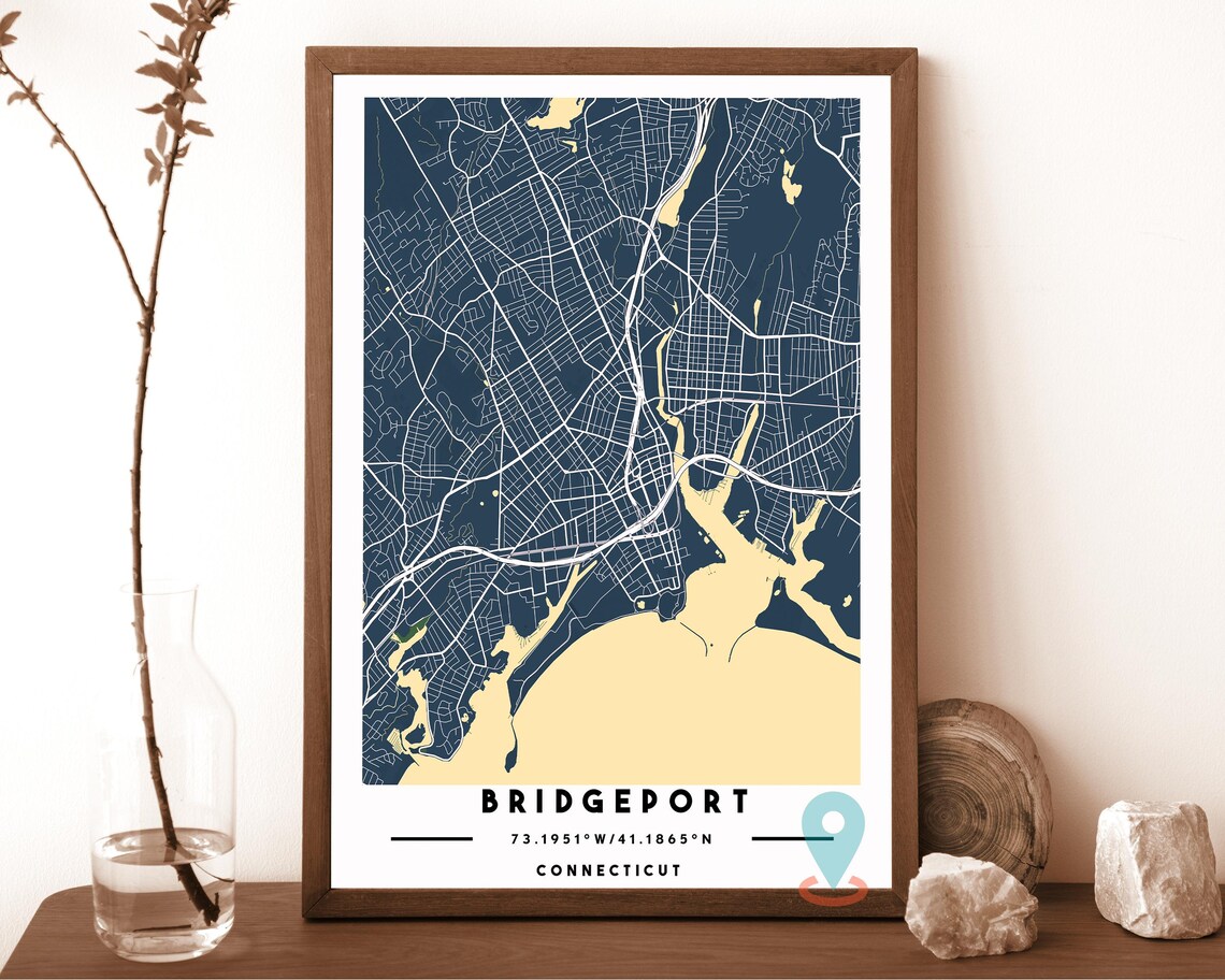 Bridgeport Connecticut City Street Map Navy Cream Poster Decor