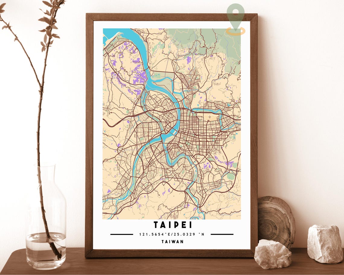 Taipei Taiwan City Map Art Poster Cream Blue Modern Wall Decor