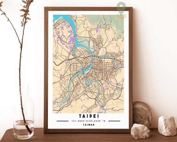 Taipei Taiwan City Map Art Poster Cream Blue Modern Wall Decor