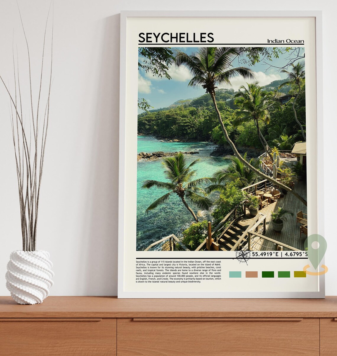 Seychelles Indian Ocean Tropical Palm Beach Paradise Coordinate Poster - Image 3