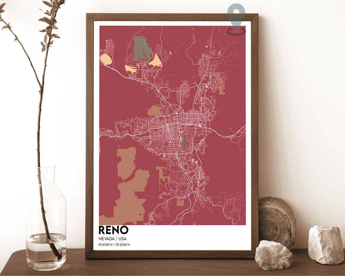 Reno Nevada Crimson Red Stylish Modern City Map Home Decor Poster