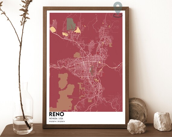 Reno Nevada Crimson Red Stylish Modern City Map Home Decor Poster