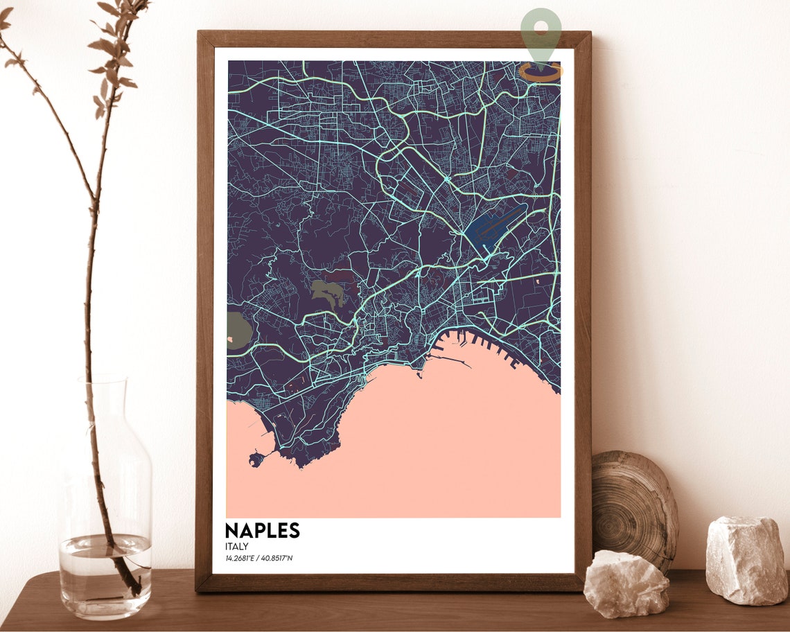 Naples Italy Vintage Pastel Blue Bay Coastal City Map Poster - Image 3