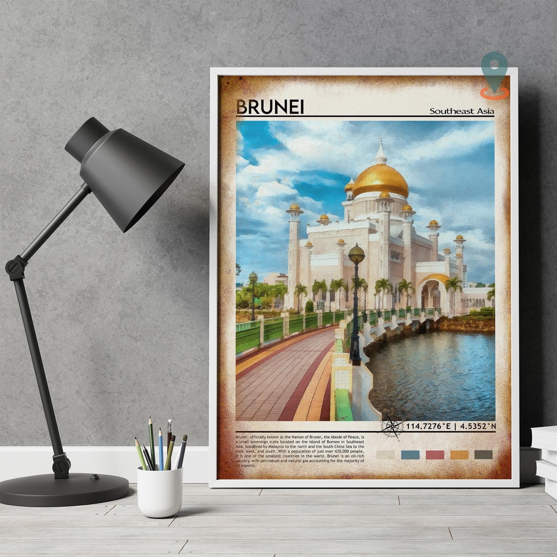 Brunei Southeast Asia Golden Dome Mosque Waterfront Painterly Poster - Image 4