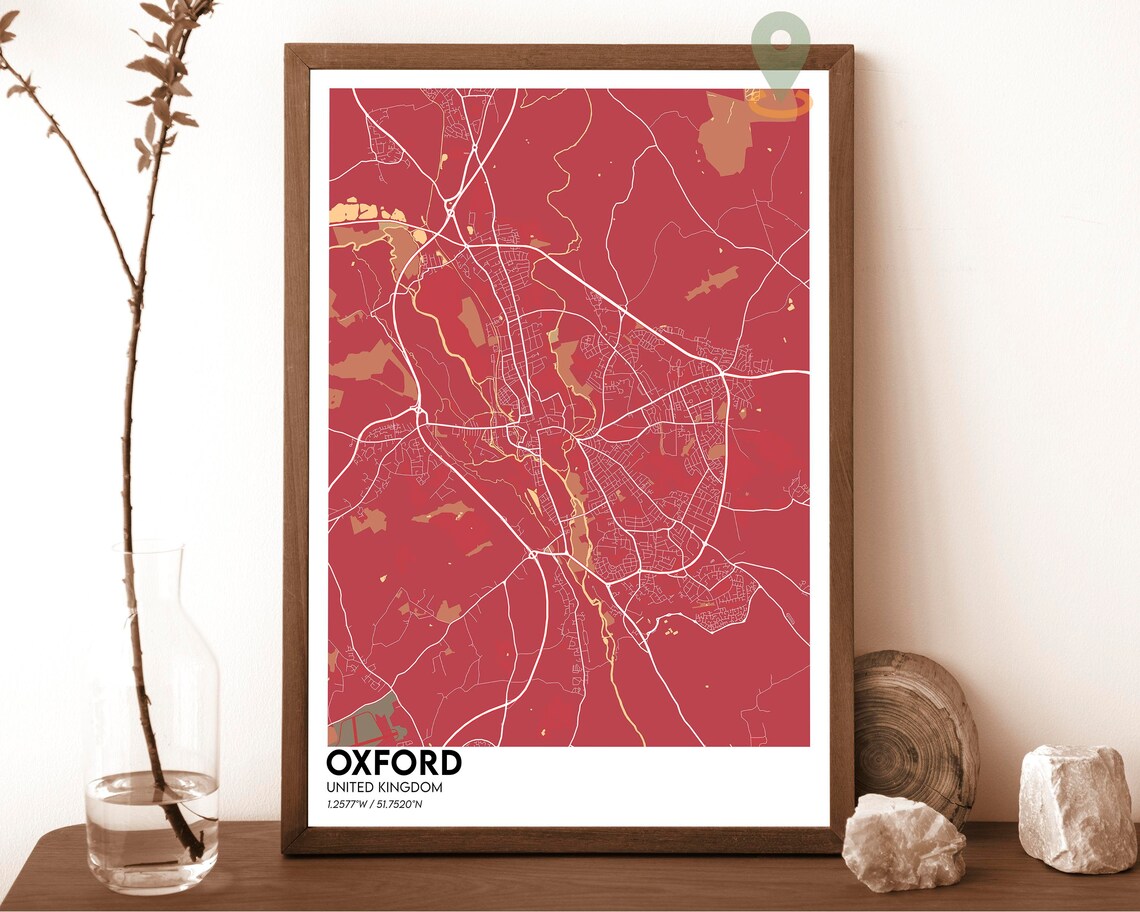 Oxford United Kingdom Deep Red Historic City Map Wall Poster