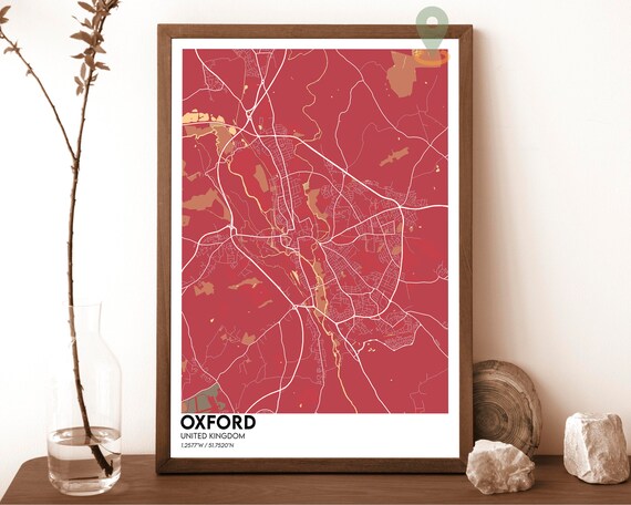 Oxford United Kingdom Deep Red Historic City Map Wall Poster
