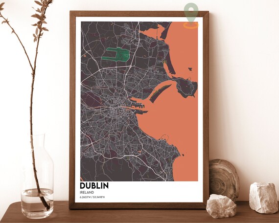 Dublin Ireland Charcoal Orange Vintage Modern City Map Poster