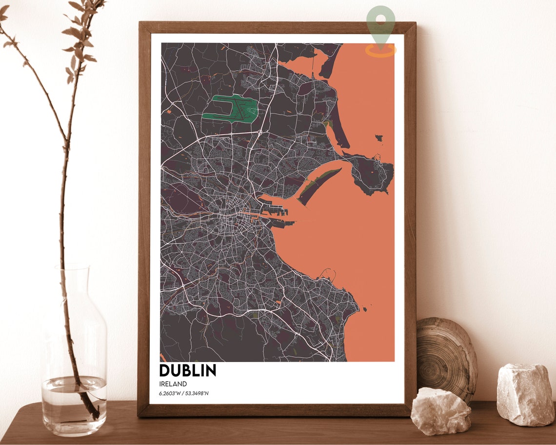Dublin Ireland Charcoal Orange Vintage Modern City Map Poster