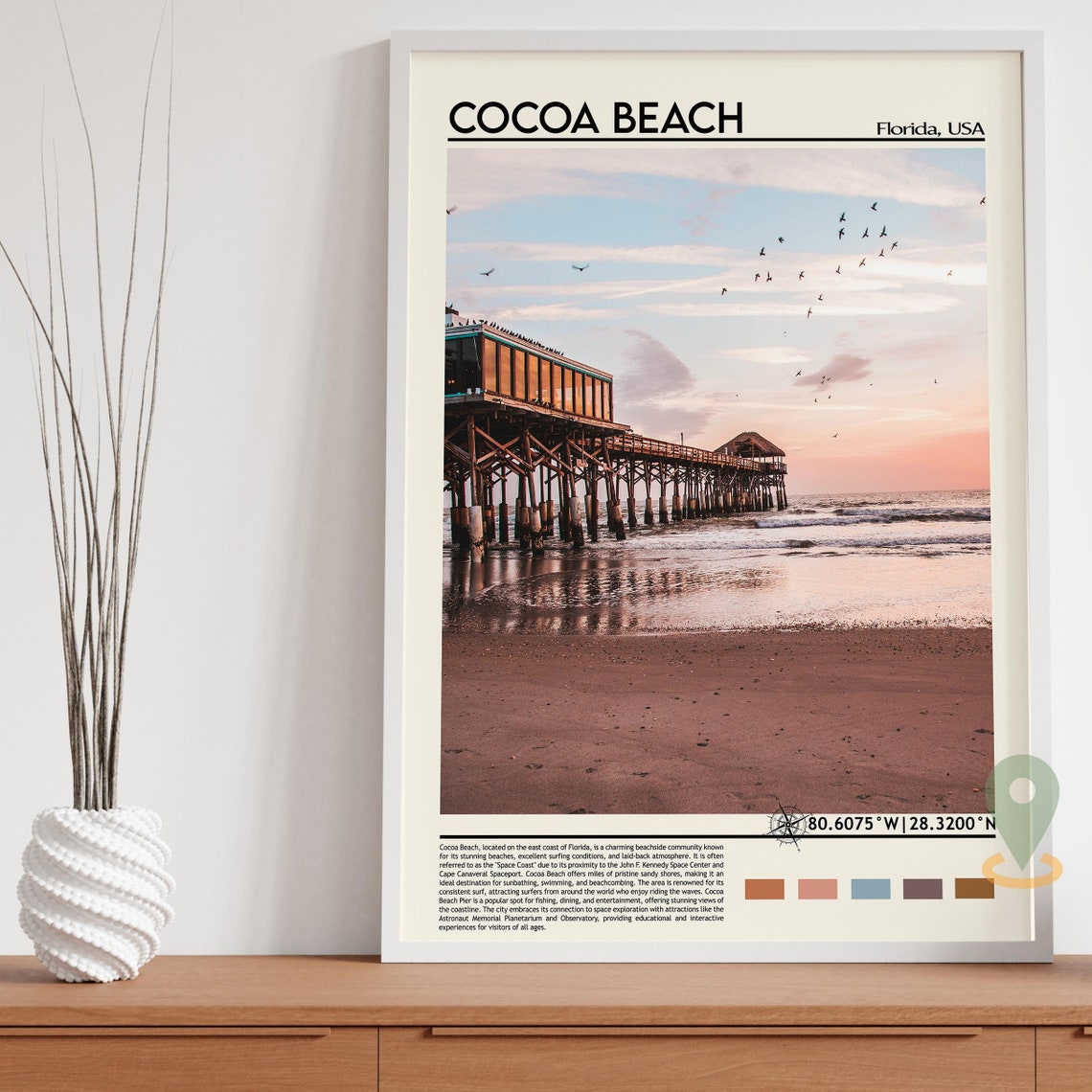 Cocoa Beach Florida Pink Sand Sunset Pier Ocean Travel Poster - Image 3