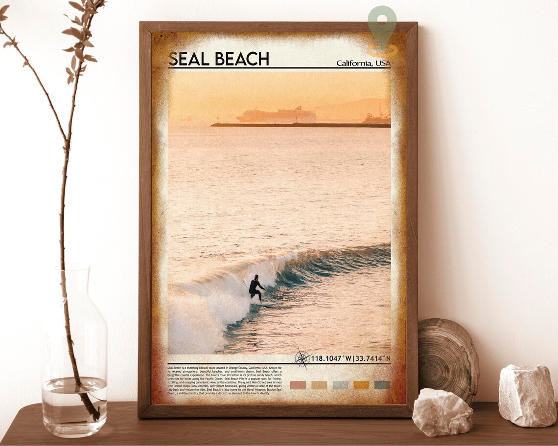 Seal Beach California Surfer Riding Golden Sunset Wave Poster - Image 6