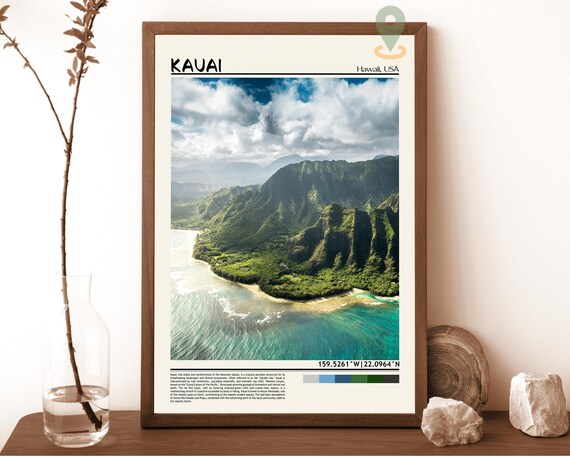 Kauai Hawaii Aerial Emerald Cliffs Ocean Coast Travel Poster