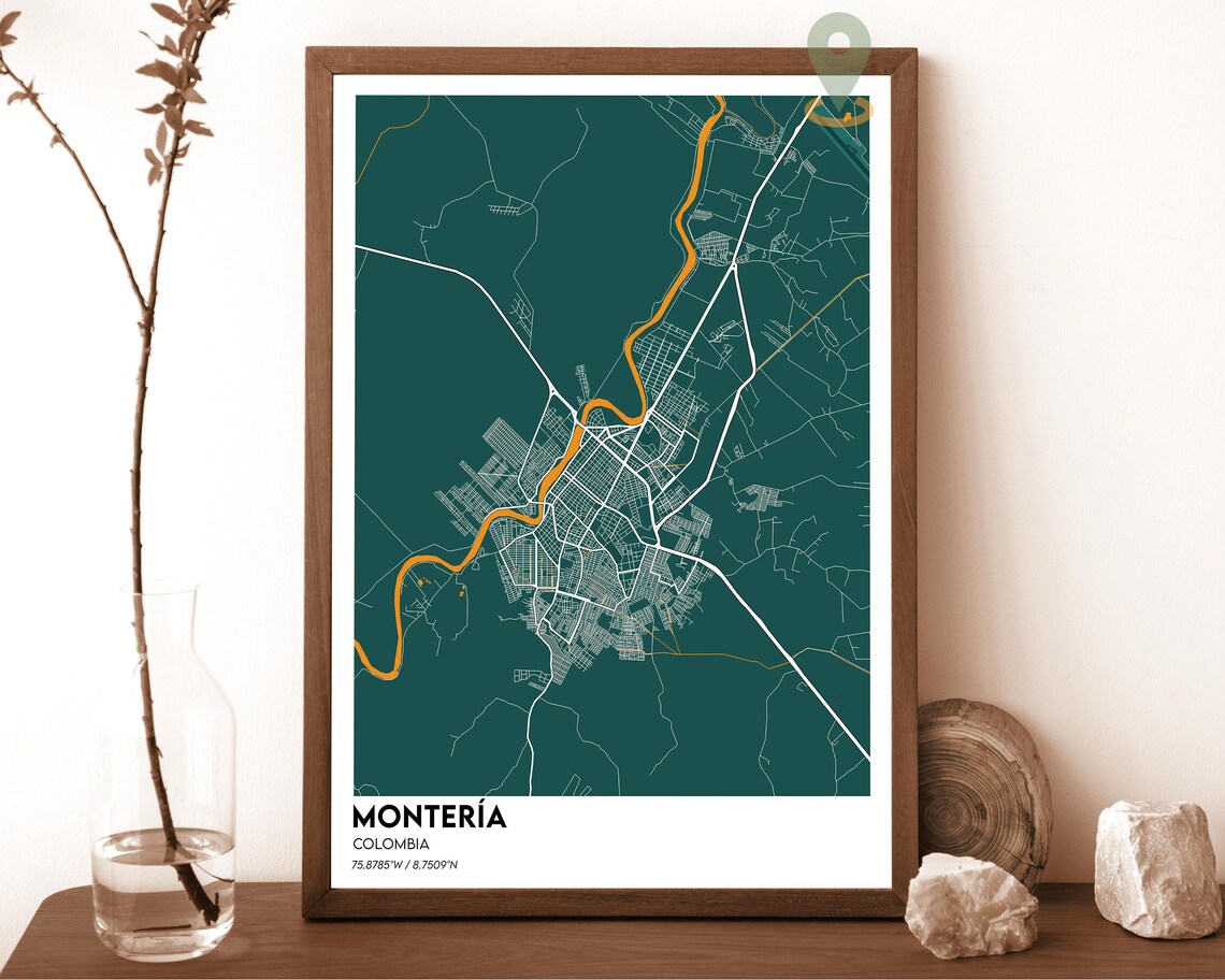 Monteria Colombia dark teal with an orange river Street Map Coordinates Poster