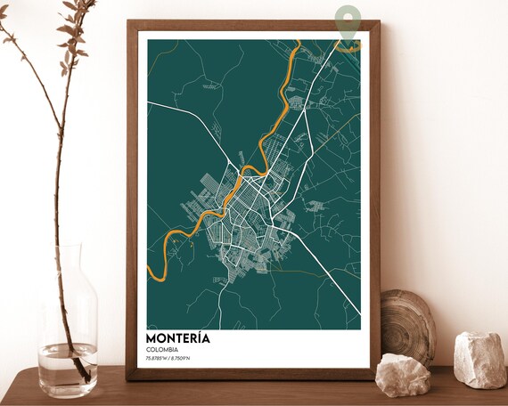 Monteria Colombia dark teal with an orange river Street Map Coordinates Poster