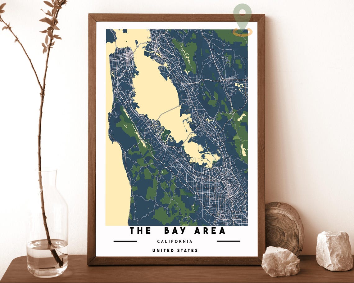 The Bay Area California City Map Art Poster Navy Green Decor