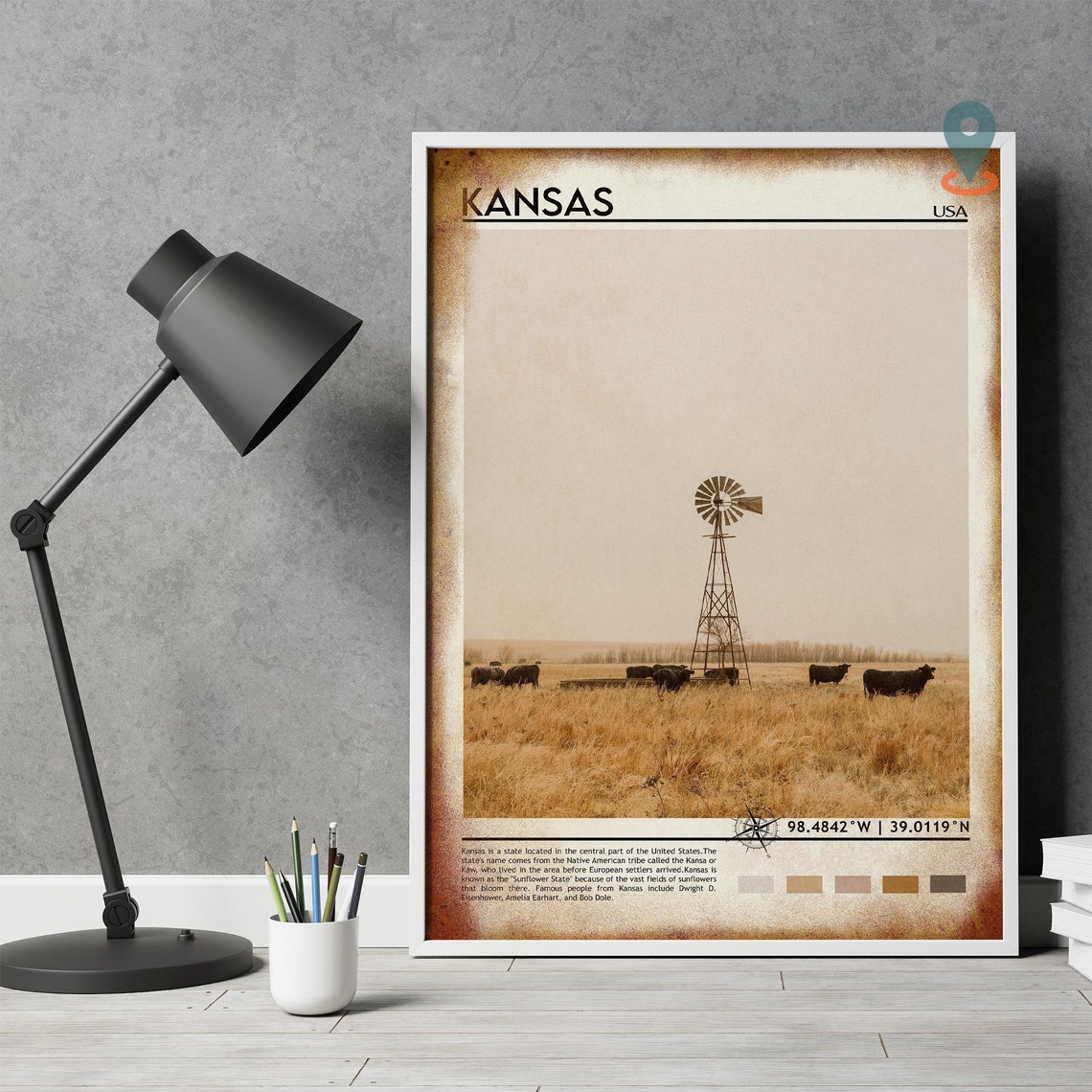 Kansas Prairie Windmill Cattle Golden Field Heartland USA Poster - Image 4
