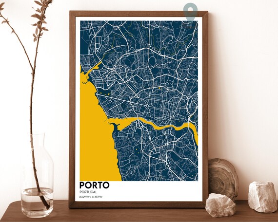 Porto Portugal Navy Yellow Douro River City Map Home Decor Poster