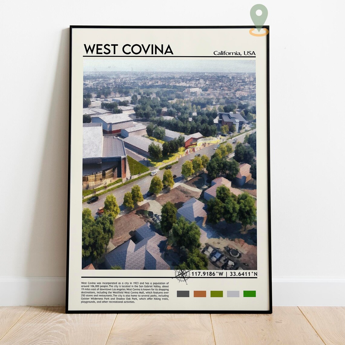 West Covina California Aerial Neighborhood Painterly Photo Art Poster - Image 2