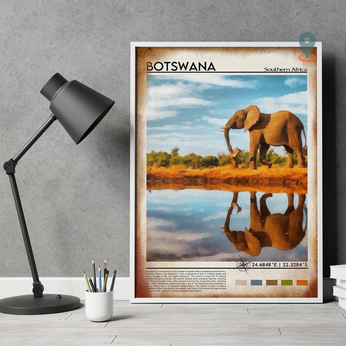 Botswana Southern Africa Elephant Waterhole Reflection Travel Poster - Image 4