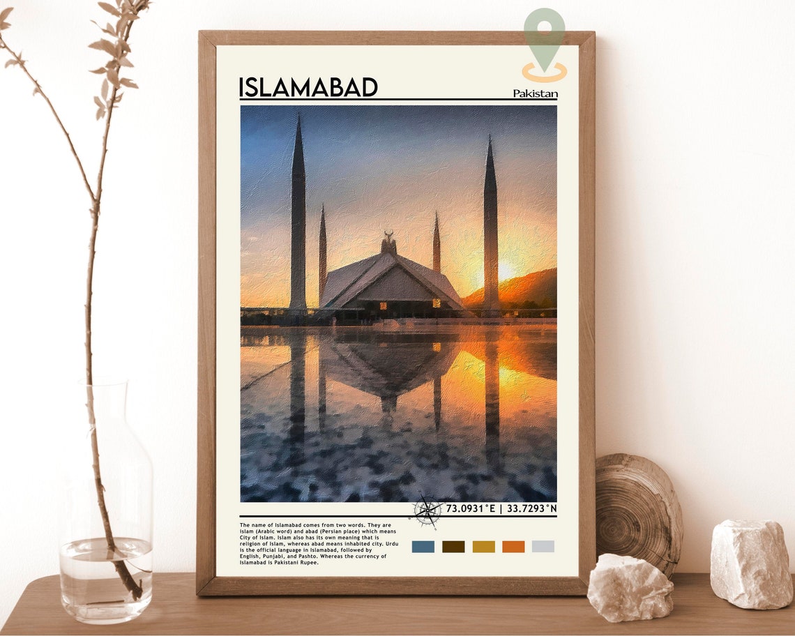 Islamabad Pakistan Faisal Mosque Sunset Reflection Watercolor Poster