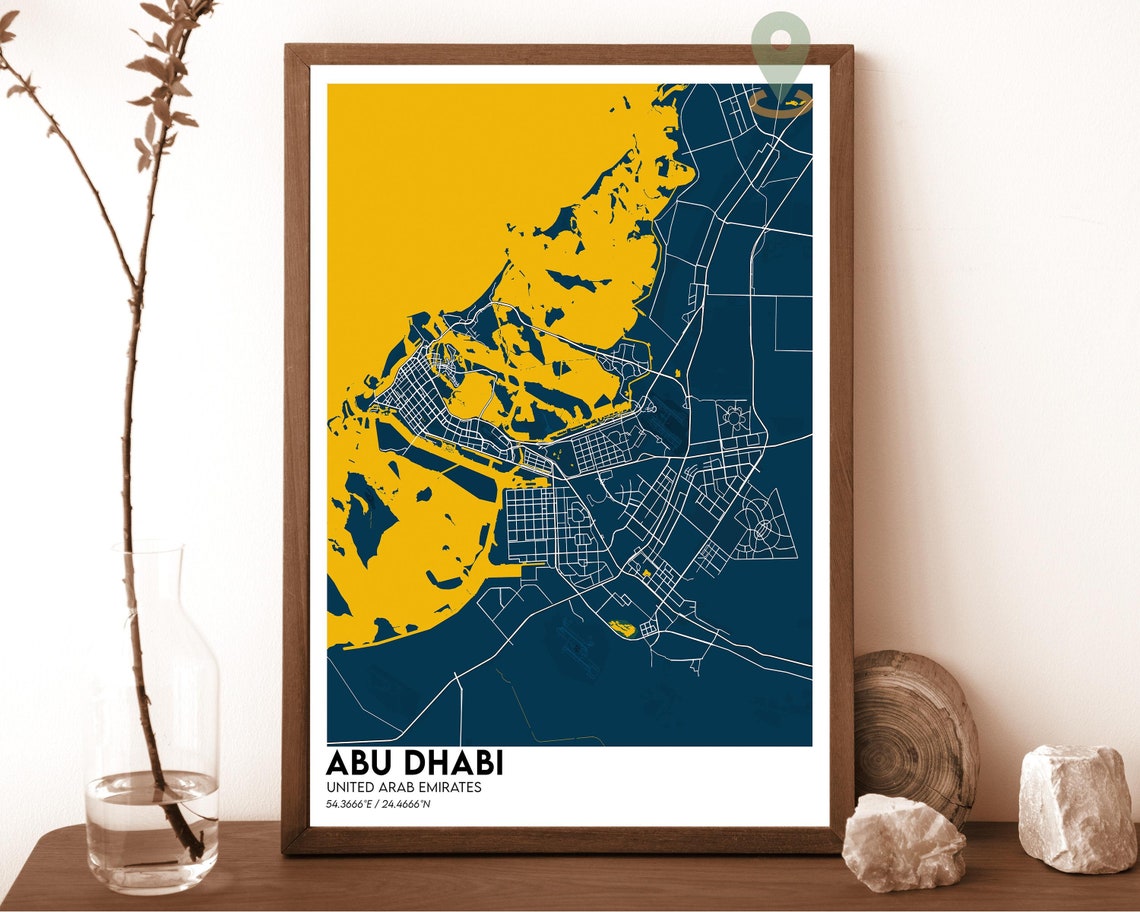 Abu Dhabi UAE City Street Map Navy and Yellow Modern Art Poster