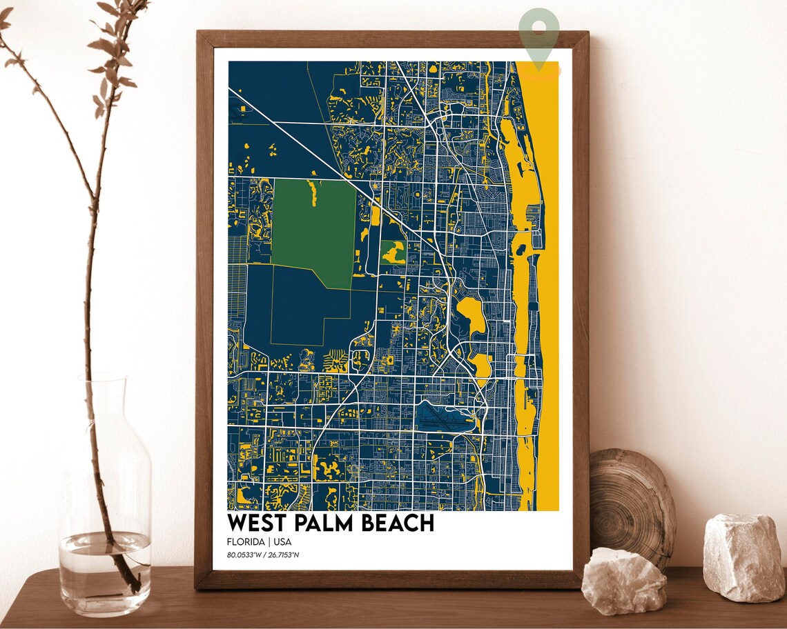 West Palm Beach Florida City Map Poster Navy Yellow Modern Art