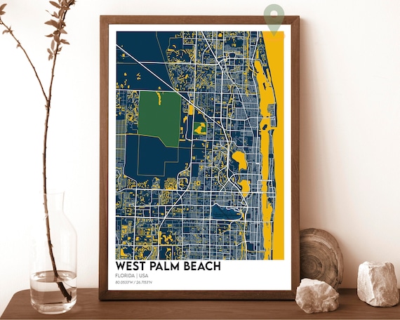 West Palm Beach Florida City Map Poster Navy Yellow Modern Art