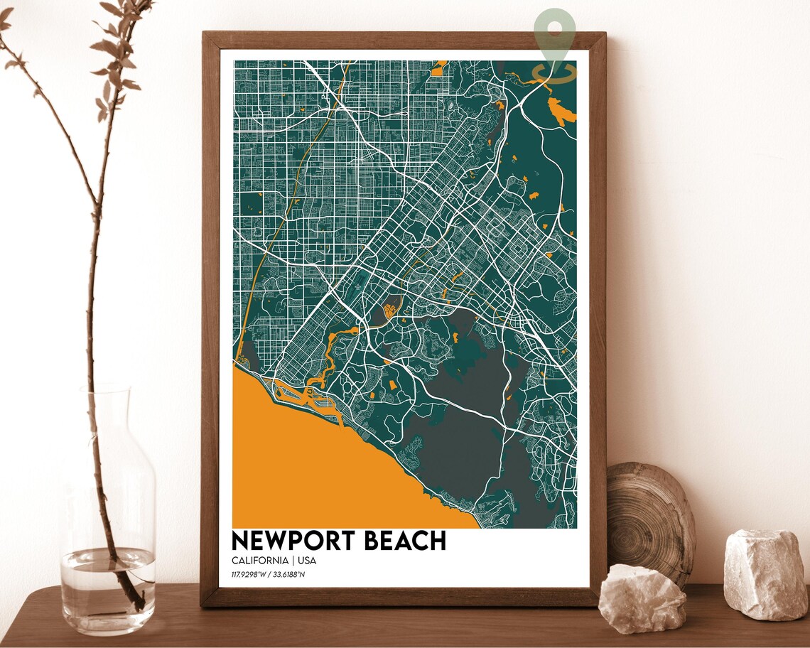 Newport Beach California USA Teal Orange Coastal Map Art Poster