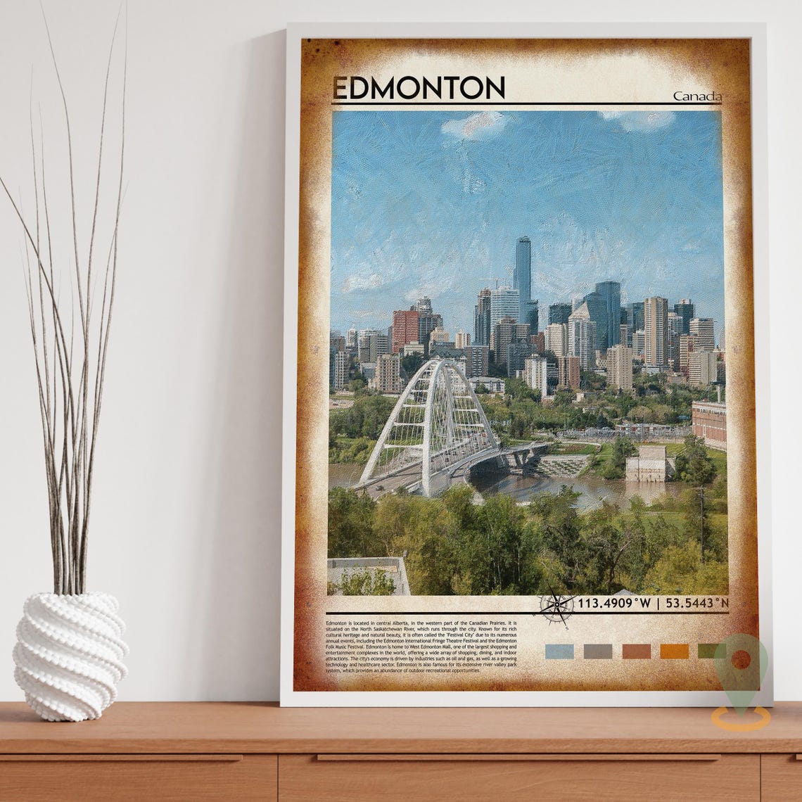 Edmonton Canada Painted Skyline Bridge Vintage Travel Poster - Image 3