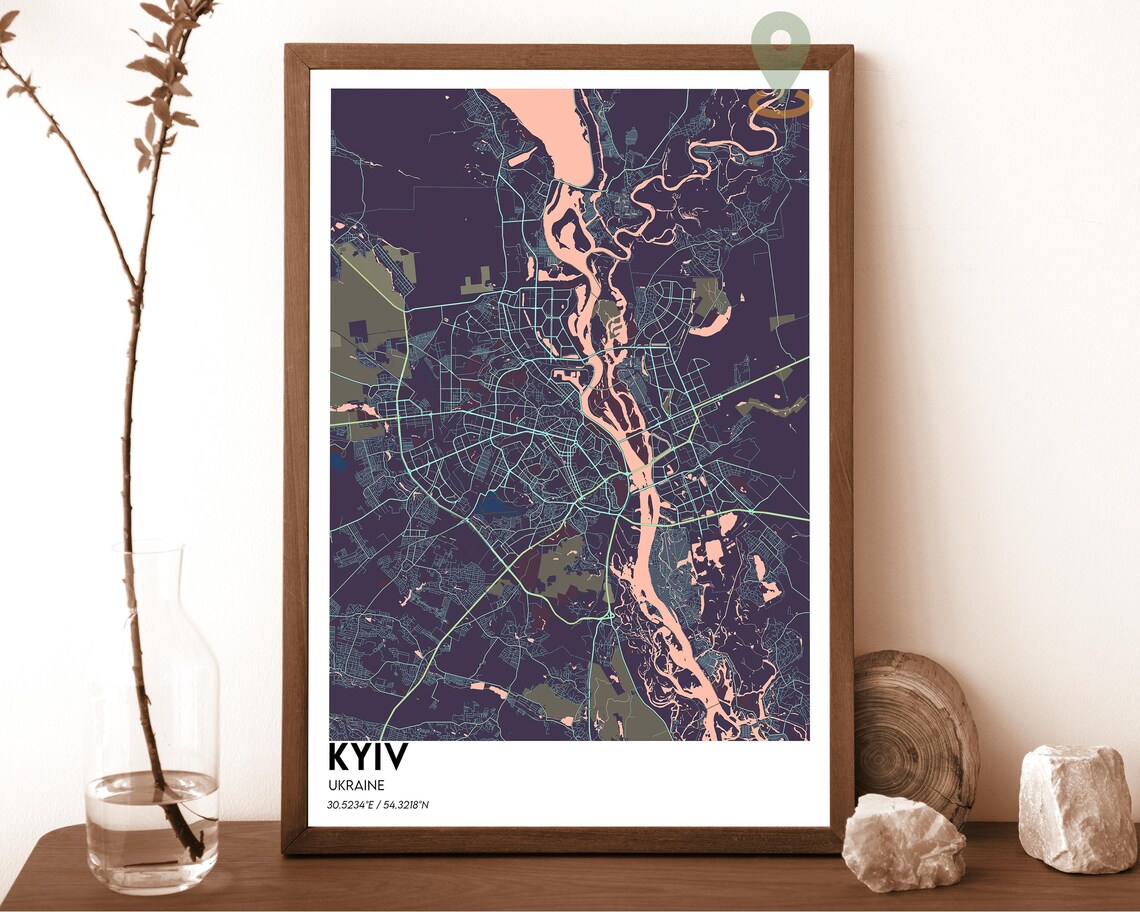 Kyiv Ukraine Dark Dnipro River Cyan Minimalist City Map Poster - Image 6